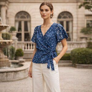 Gap Women's Wrap Top Blouse Cotton  Blue White Floral Cottagecore  Size XS